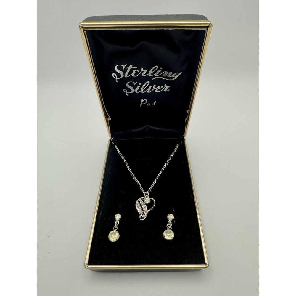 Vintage Sterling Silver Post Earrings & Necklace Rhinestone Set In Original Box